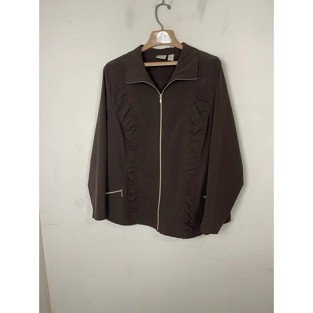 Chicos Zenergy Brown Ruffle Full Zip Jacket Womens Size‎ 3 Large XL Performance